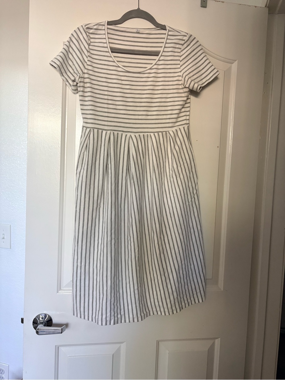 White and Gray Striped Short-Sleeve Dress